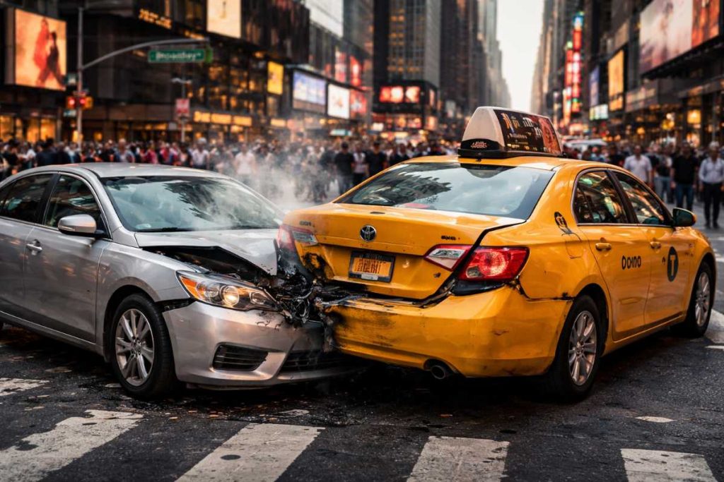 Car accident scene on a New York City street with two damaged vehicles and a driver leaving the scene, illustrating VTL § 600 hit and run charges in NYC