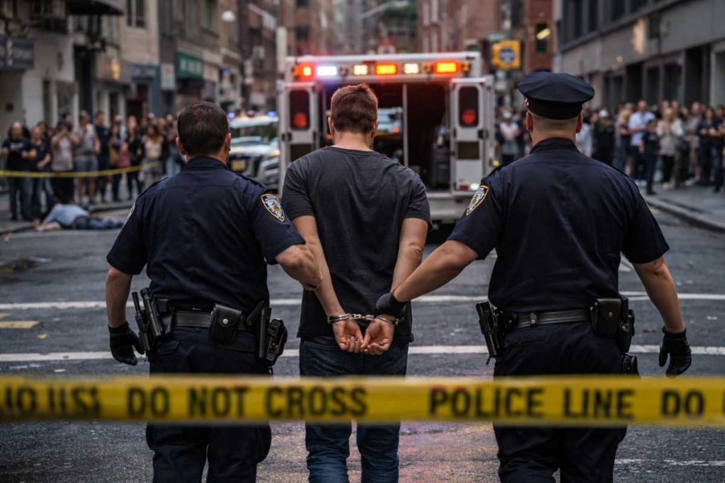 Man in handcuffs being arrested for assault charges on a New York City street with NYPD officers at the scene